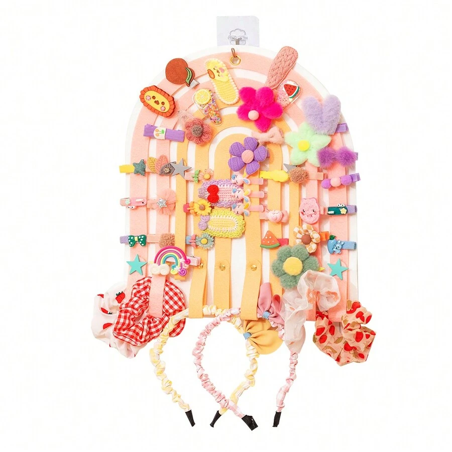 1入組彩色毛氈髮飾掛袋,彩虹設計卡通髮夾和頭帶,多功能壁掛口袋與1個掛鉤,情人節禮物 - 粉紅白色 - 查看 1