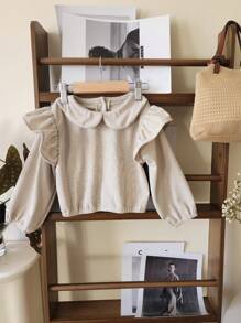 Conjunto de ropa de primavera para bebé niña con blusa de pana y pantalones cortos tipo cubre pañal con volantes encantadores y ropa de cubierta en color beige - Albaricoque - Ver 6
