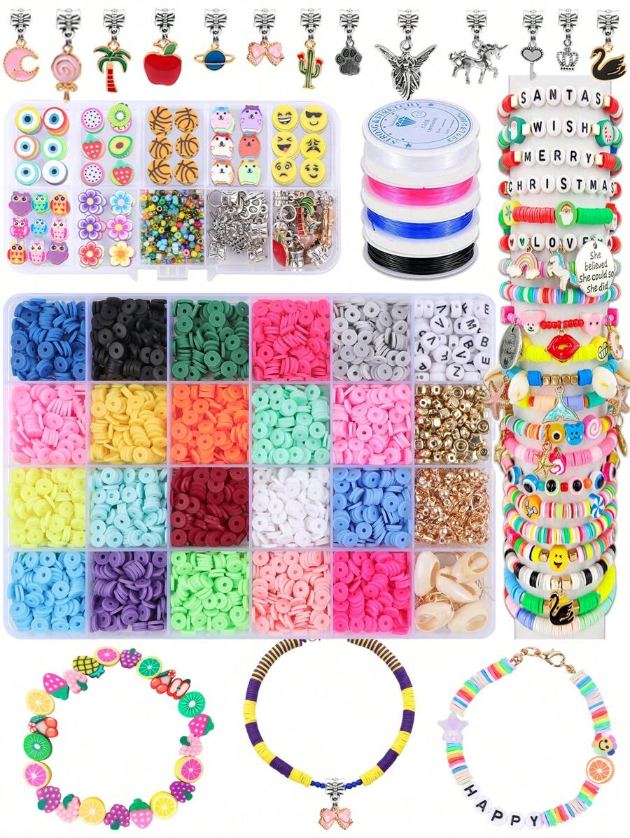 2540入組手鍊製作工具套裝,包含聚合物粘土工具、串珠材料、平面圓形聚合物粘土圓片、黑色熔岩石串珠,適用於diy項目及類似生日、感恩節、聖誕節、新年禮物等節日活動。 - 彩色 - 查看 1