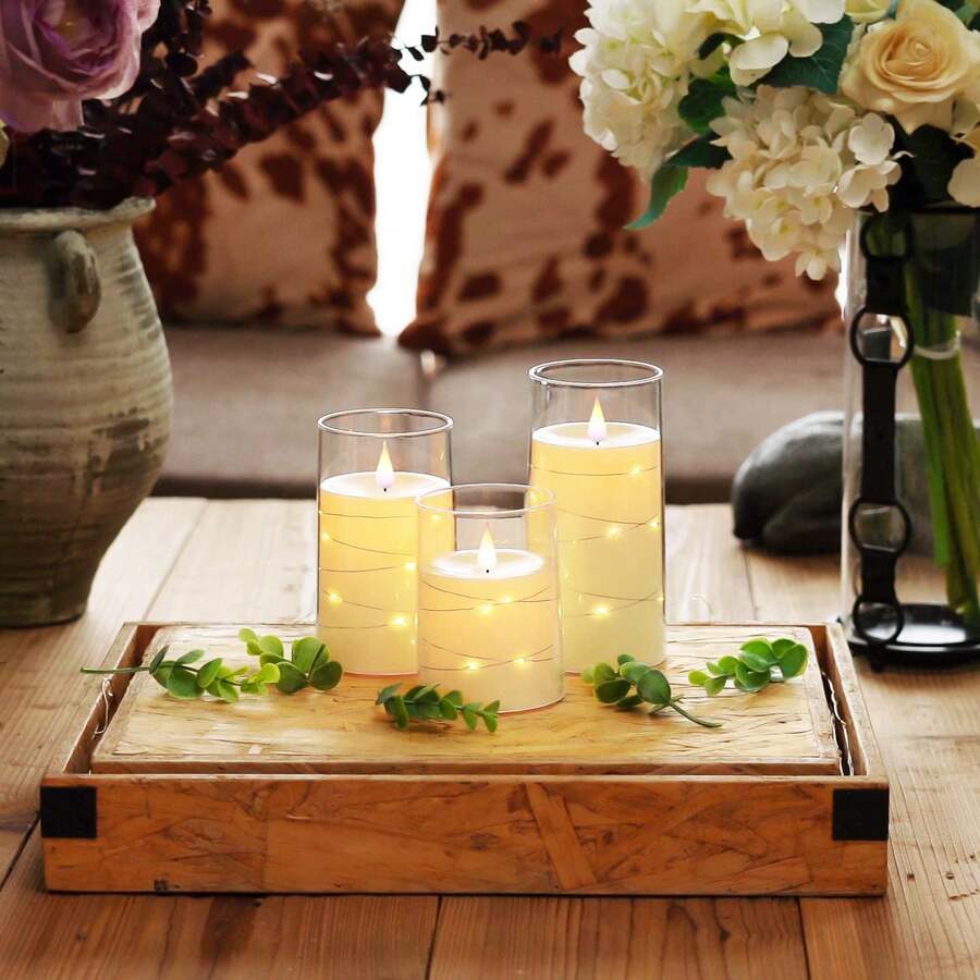 長串燈飾無火蠟燭,電池操作蠟燭,嵌入式燈飾led蠟燭,帶遙控器的防碎型有機玻璃蠟燭,3入套裝,象牙白色 - 米色 - 查看 1