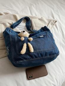 1個(17.3英寸×12.6英寸×5.1英寸)時尚牛仔布大容量女士斜挎包,配有可愛的卡通毛絨熊裝飾。 可折疊且可清洗,方便旅行,學習和工作。 - 藍色 - 查看 9