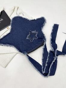 1個(18.89in*14.96in*0.39in)時尚三角牛仔肩袋帶可愛的流蘇和毛絨裝飾,可摺疊和可水洗,適用於旅遊、休閒、學習和工作 - 藍色 - 查看 6