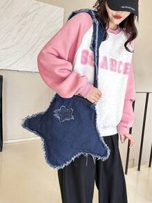 1個(18.89in*14.96in*0.39in)時尚三角牛仔肩袋帶可愛的流蘇和毛絨裝飾,可摺疊和可水洗,適用於旅遊、休閒、學習和工作 - 藍色 - 查看 3