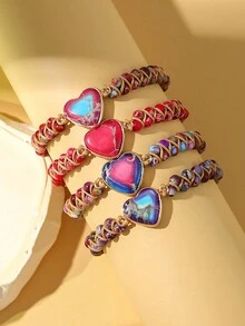 1pc Stone Heart Braided Bracelet, Sweet Style For Women's Daily Wear - Woven Bracelet - View 1