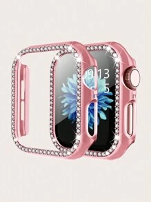 1pc Electroplated Single Row Rhinestone Watch Case Protector Suitable For 38/40/41/42/44/45mm SE/9/8/7/6/5/4/3/2/1 - Pink - View 1