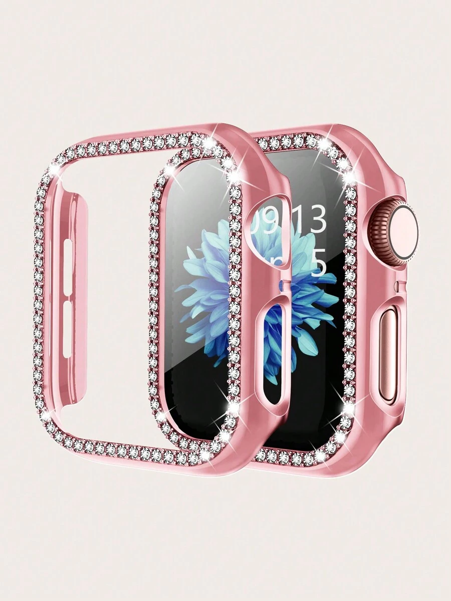1pc Electroplated Single Row Rhinestone Watch Case Protector Suitable For 38/40/41/42/44/45mm SE/9/8/7/6/5/4/3/2/1 - Pink - View 1