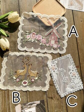 1pc Vintage Lace Border Embroidered Cushion Cover / Pillowcase / Coaster / Table Mat / Sofa Decoration Handicraft