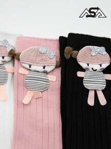 6 Pares  Encantadores Calcetines Largos para Niña con Divertidos Personajes y Pompones, Ideales para la Escuela y el Juego, Cálidos y Confortables, en Variedad de Colores Neutros y Pasteles - Multicolor - Ver 3