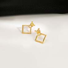1pair Simple Geometric Hollow Out Metal Square Diamond Shaped Earrings For Women, All-Match Heart Stud Earrings - Gold - View 1