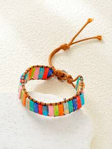 1pc Fashionable Boho Style Pu Leather Braid Bracelet With Multicolor Natural Stone Beads For Holiday Parties, Dating, Festival Gifts, And Daily Wear (Random Color) - Multicolor - View 2