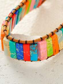 1pc Fashionable Boho Style Pu Leather Braid Bracelet With Multicolor Natural Stone Beads For Holiday Parties, Dating, Festival Gifts, And Daily Wear (Random Color) - Multicolor - View 3