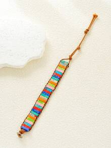 1pc Fashionable Boho Style Pu Leather Braid Bracelet With Multicolor Natural Stone Beads For Holiday Parties, Dating, Festival Gifts, And Daily Wear (Random Color) - Multicolor - View 4