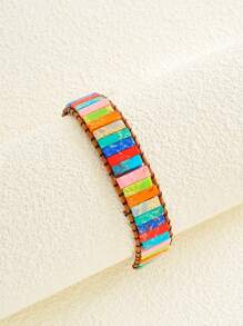 1pc Fashionable Boho Style Pu Leather Braid Bracelet With Multicolor Natural Stone Beads For Holiday Parties, Dating, Festival Gifts, And Daily Wear (Random Color) - Multicolor - View 1