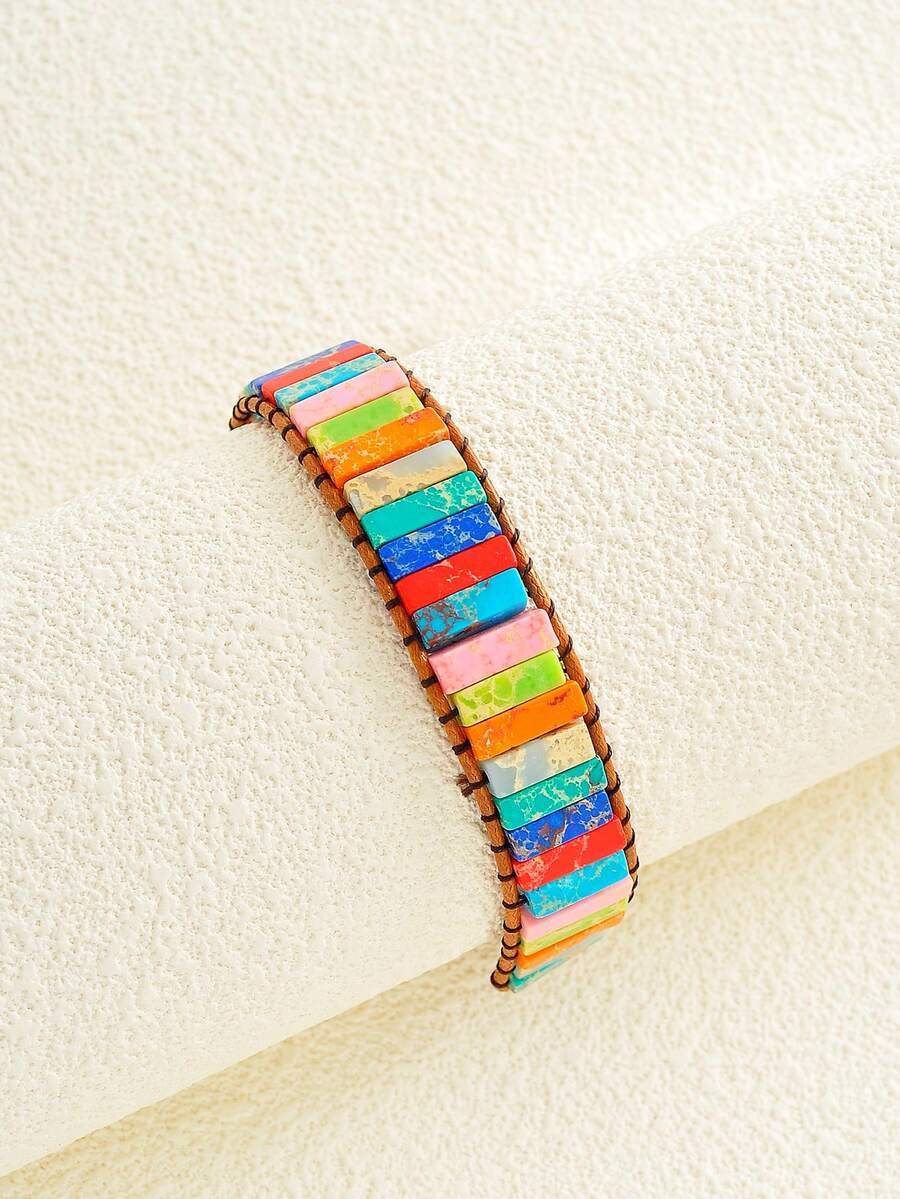 1pc Fashionable Boho Style Pu Leather Braid Bracelet With Multicolor Natural Stone Beads For Holiday Parties, Dating, Festival Gifts, And Daily Wear (Random Color) - Multicolor - View 1
