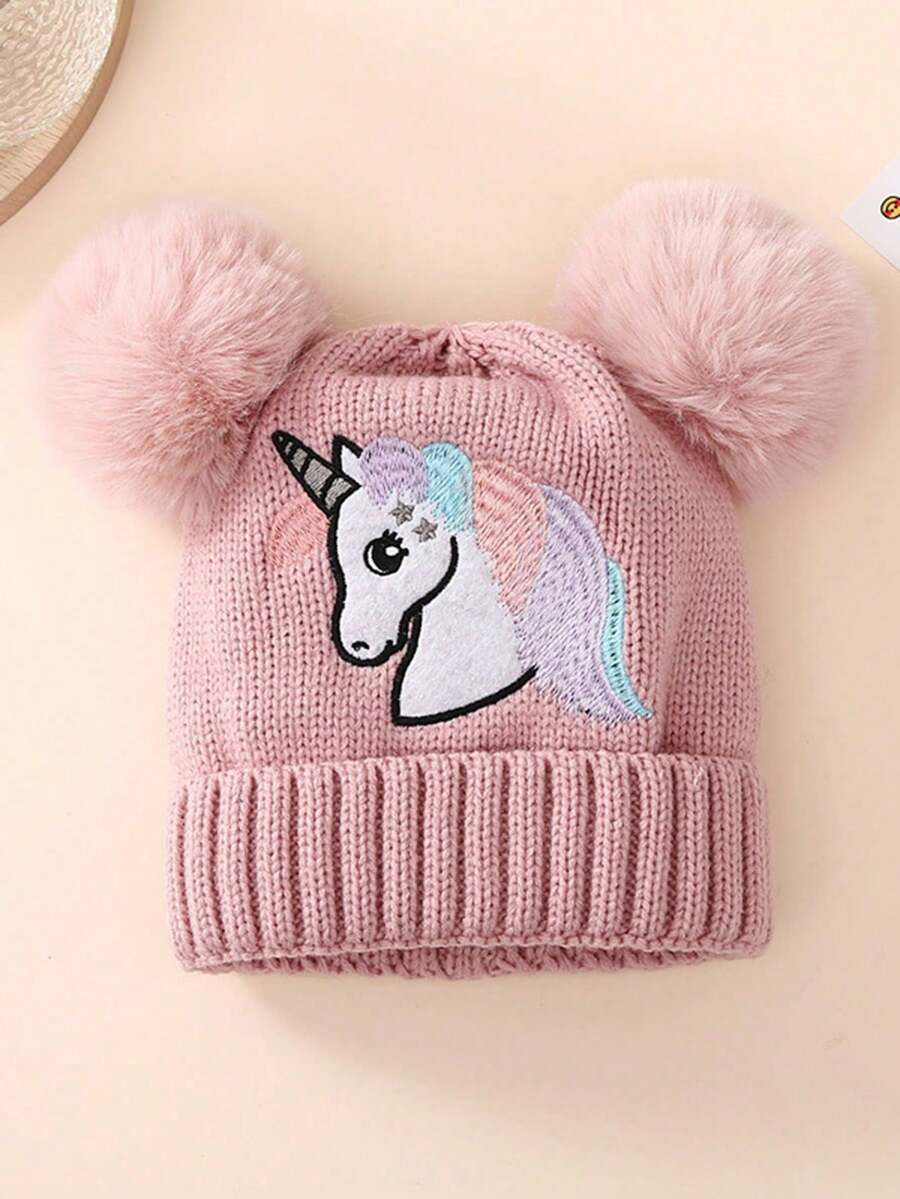 1pc Unisex Pink Knitted Hat With Double Pom-Pom, Unicorn Design, Y2k Style, Warm, Breathable, Fashionable, Suitable For Daily Outdoor Activities - Pink - View 1