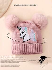 1pc Unisex Pink Knitted Hat With Double Pom-Pom, Unicorn Design, Y2k Style, Warm, Breathable, Fashionable, Suitable For Daily Outdoor Activities - Pink - View 3
