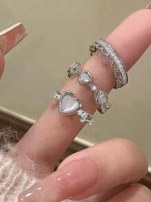 17KM Bộ 3 nhẫn hở đính đá mắt mèo và trái tim giả kim cương đơn giản thời trang, kích thước có thể điều chỉnh, quà tặng tiệc/hẹn hò, phong cách Y2k cho ngày lễ tình nhân, mẹ, mẹ, ngày của mẹ, quà tặng - Nhiều màu - Xem 2