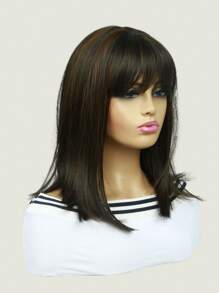 16 Inch Long Straight Brown Wigs Synthetic Wigs With Bangs Women's Wigs For Daily Use Party Or Cosplay Taking Photos - Piano Color - View 2