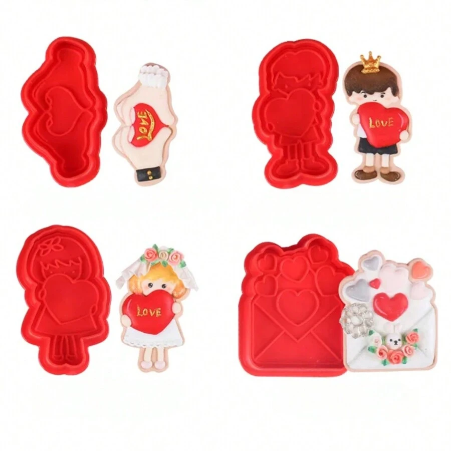 4pcs/Pack Valentine'S Day Lovely Cartoon Style Heart & Love Letter Shaped Cookie Cutters, Home Baking & Candy Making Diy Tools For Handmade Gift & Wedding Favor - B Set - View 1