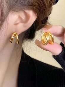 2件套时尚简约合金双层几何耳环，适合女性日常佩戴 - 雙層立體感幾何耳圈 - 查看 1