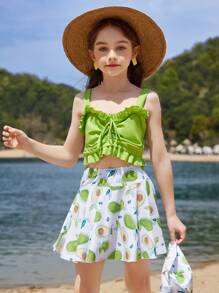 Tween Girl Quick Dry Solid Color Camisole Vest Top & Avocado Print Skirted Bikini Set With Swim Cap Summer Beach - Multicolor - View 8