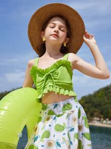Tween Girl Quick Dry Solid Color Camisole Vest Top & Avocado Print Skirted Bikini Set With Swim Cap Summer Beach - Multicolor - View 7
