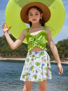 Tween Girl Quick Dry Solid Color Camisole Vest Top & Avocado Print Skirted Bikini Set With Swim Cap Summer Beach - Multicolor - View 5