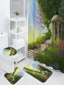 4入組/套創意綠色叢林印花浴簾套裝,配防水面料浴簾、12個掛鉤、浴室墊、u型馬桶墊、馬桶蓋墊、浴室配件、浴簾套裝 - 彩色 - 查看 1