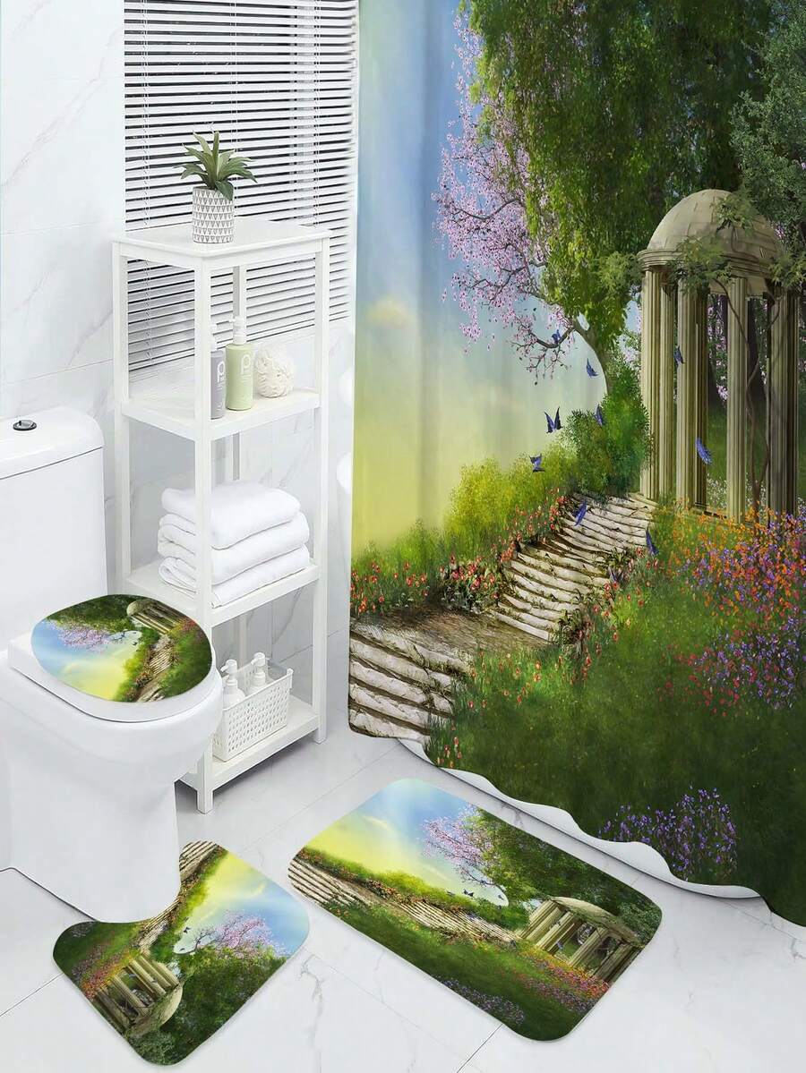 4入組/套創意綠色叢林印花浴簾套裝,配防水面料浴簾、12個掛鉤、浴室墊、u型馬桶墊、馬桶蓋墊、浴室配件、浴簾套裝 - 彩色 - 查看 1