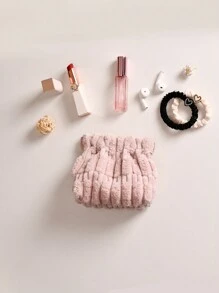 1pc Fun Gifts Portable Pouch - Fluffy Corduroy Elastic Storage Bag Hair Tie Organizer Pocket Cosmetic Bag Travel Makeup Bag Squeeze Top Gifts Hot Pink Pouch For Women Wallet Mini Wallet Purse Wallet Coin Wallet