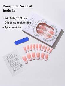 24入組長棺材形狀蝴蝶裝飾假指甲＆1片膠帶＆1入組指甲鉗，貼式假指甲美甲工具 - 彩色 - 查看 2
