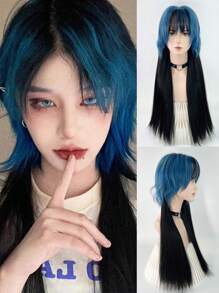 藍色黑色長直桶狀頭合成假髮,帶劉海蓬鬆女士蘿莉塔cosplay髮型,適合日常派對 - 藍色 - 查看 1