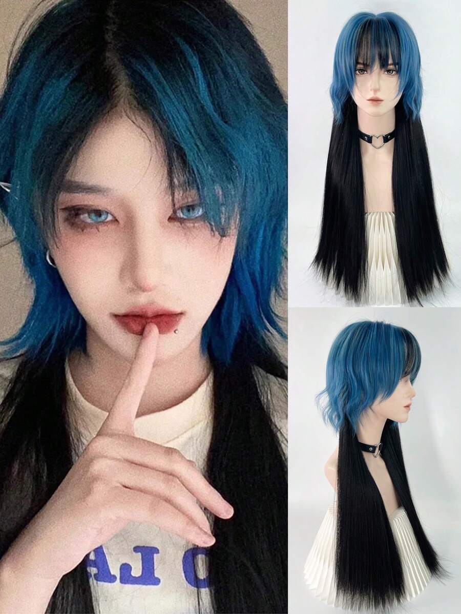 藍色黑色長直桶狀頭合成假髮,帶劉海蓬鬆女士蘿莉塔cosplay髮型,適合日常派對 - 藍色 - 查看 1