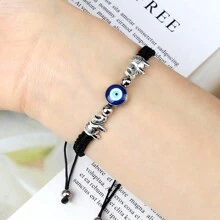 1 pieza Brazalete trenzado vintage con cuentas de ojo turco azul, hilo de nailon, dije de aleación con elefante, joya de pulsera y brazalete de pareja