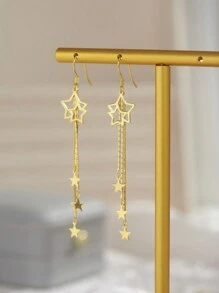 1 Pair Exquisite 925 Silver Star Earrings Long Chain Dangle Tassel Earrings Gold Plating Earrings For Women's Daily Wear Holiday
