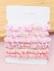 1 Set Of 6pcs Girls' Light Color & Mixed Pattern Printed Headbands, Polka Dots, Pleated, Cute Flowers, Organza Material, Light Weight & High Elasticity, Suitable For Daily Use In Spring - Pink - View 3
