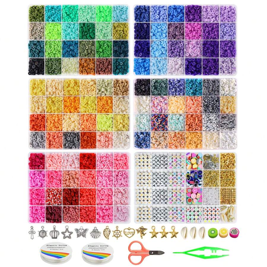 19000pcs Clay Beads Bracelet Making Kit 120 Colors, 6 Boxes Flat Preppy Heishi Beads With Charms For Friendship Jewelry Making Kit, Craft Gifts For Teen Girls - Multicolor - View 1