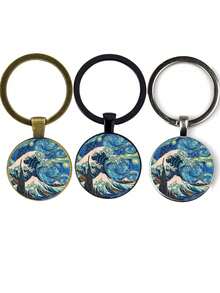 3pcs/Set Creative Keychain Printed With Waves Design, Comes In Black, Antique Bronze And Silver, Great Gift For Teachers, Lovers, Friends And Family - Multicolor - View 14
