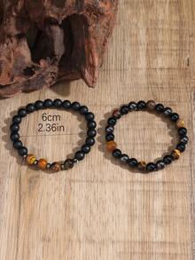 2pcs Men's Tiger Eye & Black Stone Hip-Hop Style Elastic Beaded Bracelet For Couple - Multicolor - View 4