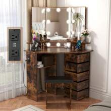 VOWNER Corner Makeup Vanity Desk With Outlet, Vanity Desk With Mirror And Lights, 3 Color & Brightness Adjustable, With 5 Rotating Drawers And Stool, For Girls Women Thanksgiving Christmas Gift - 質樸棕色 - 查看 9