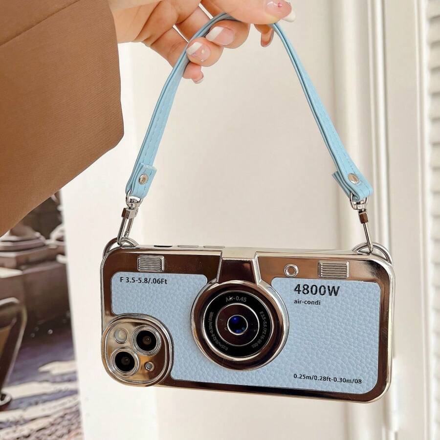 New Vintage Camera Style Phone Case Compatible With Apple Iphone 13/14/12 Pro Max And Apple 15, Including Hand Strap - Blue - View 1