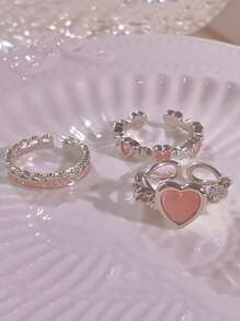17KM 3 件时尚简约水钻心形、水钻和猫眼石开口戒指套装，可调节尺寸，派对约会礼物，Y2K 情人节、妈妈、母亲、母亲节、礼物 - 銀色 - 查看 1