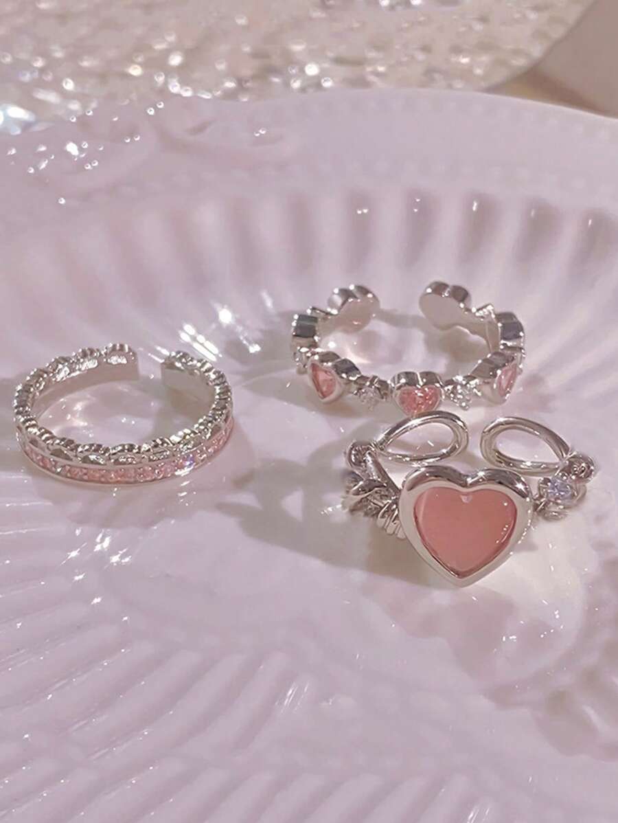 17KM 3 件时尚简约水钻心形、水钻和猫眼石开口戒指套装，可调节尺寸，派对约会礼物，Y2K 情人节、妈妈、母亲、母亲节、礼物 - 銀色 - 查看 1
