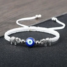 1 pieza Brazalete trenzado vintage con cuentas de ojo turco azul, hilo de nailon, dije de aleación con elefante, joya de pulsera y brazalete de pareja