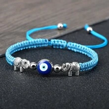 1 pieza Brazalete trenzado vintage con cuentas de ojo turco azul, hilo de nailon, dije de aleación con elefante, joya de pulsera y brazalete de pareja