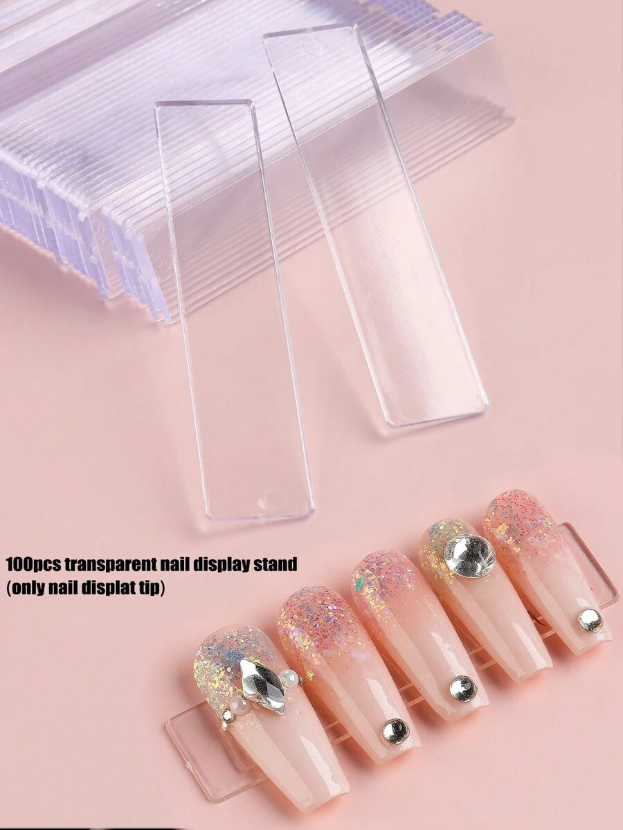 100pcs Acrylic Transparent Nail Display Sticks, Waterproof Removable Traceless Clear Mounting Tape For Salon Nail Tips Colors Designs Showcase,Nail Supplies,Nail Tools,Nail Art Tools,Back To School,Nails,Nail Tools For Press On Nails - Clear - View 1