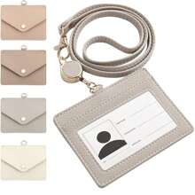 pu皮革徽章夹，带可调节伸缩快速释放扣，可分离，带旋转金属扣，适用于办公室、学校、学生、员工，可放置徽章、交通卡、ic卡和硬币，多功能徽章夹、月票夹、姓名，可垂直和水平使用，带有两个用于存放卡片的口袋和硬币口袋，由pu皮革制成，非常适合情人节礼物、新年礼物。卡片夹、卡片夹、钱包、名片夹、信用卡夹、教师挂绳，带身份证夹、卡片夹、女士迷你钱包、卡片钱包 - 灰色 - 查看 1