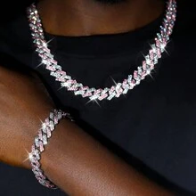 1條時尚閃亮雙色15mm寬項鍊,鑲嵌鑽石,男女皆宜,適合日常佩戴及派對使用 - 粉紅色+銀色 - 查看 4