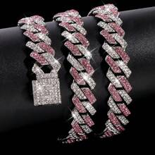 1條時尚閃亮雙色15mm寬項鍊,鑲嵌鑽石,男女皆宜,適合日常佩戴及派對使用 - 粉紅色+銀色 - 查看 5