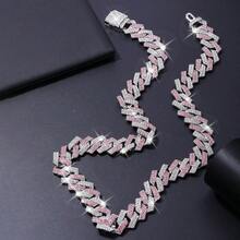 1條時尚閃亮雙色15mm寬項鍊,鑲嵌鑽石,男女皆宜,適合日常佩戴及派對使用 - 粉紅色+銀色 - 查看 6